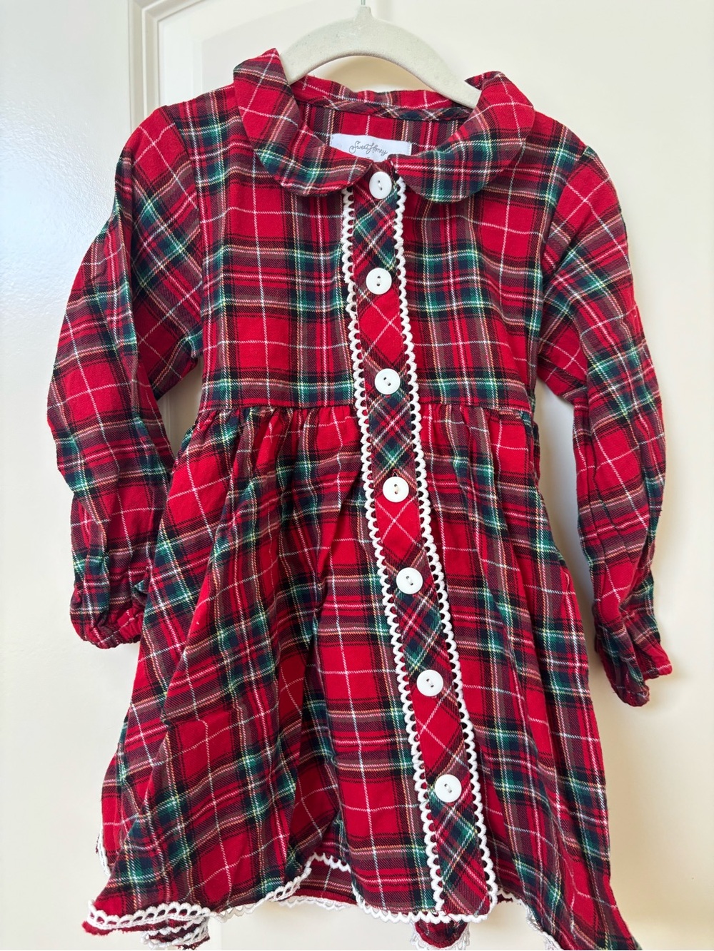 Sweet Honey Red Plaid Holiday Dress with  Trim - Size 4T